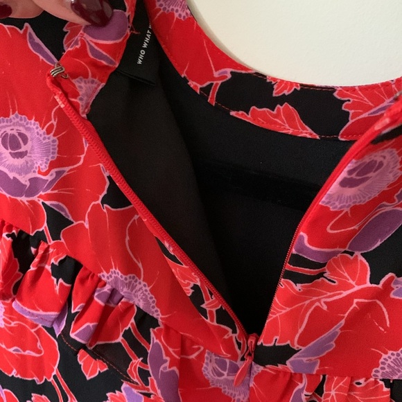 WHO WHAT WEAR purple red black floral ruffle hem dress SZ XS covered buttons - Picture 10 of 14